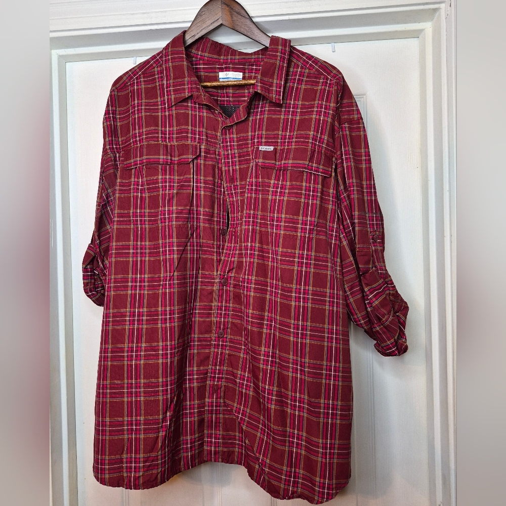 Columbia Men's Maroon Plaid Button-Down Shirt Size Xxl